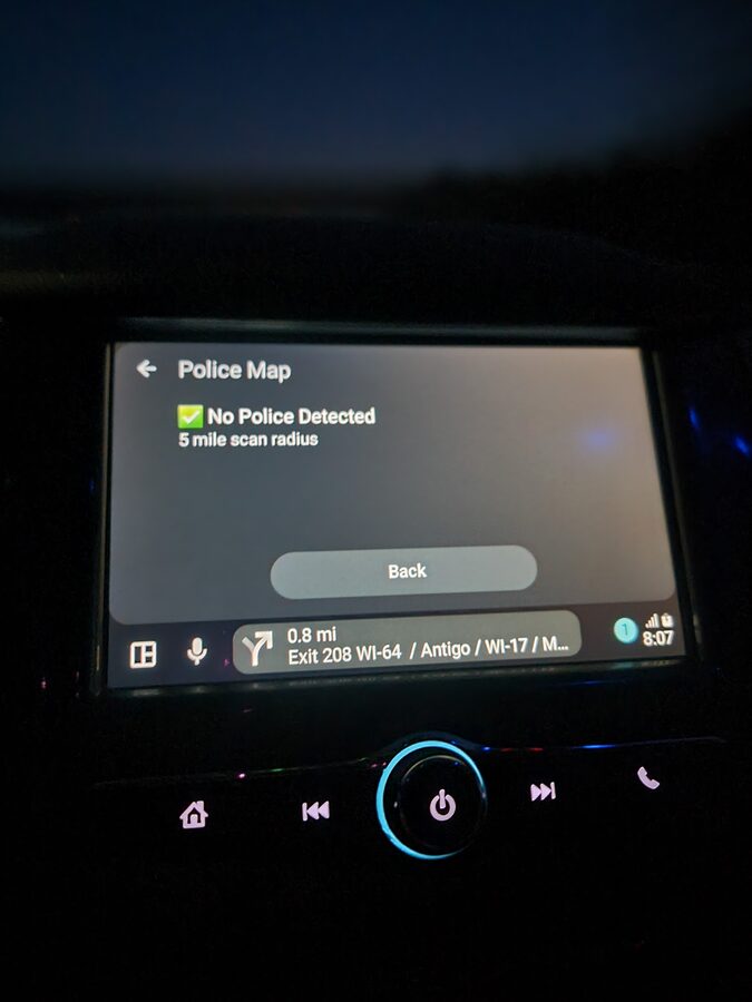 DriveSight Android Auto Police Map showing no police detected within 5 mile radius
