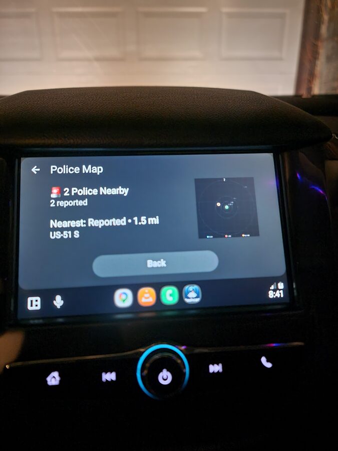 DriveSight Police Map on Android Auto display showing 2 police nearby on US-51 S