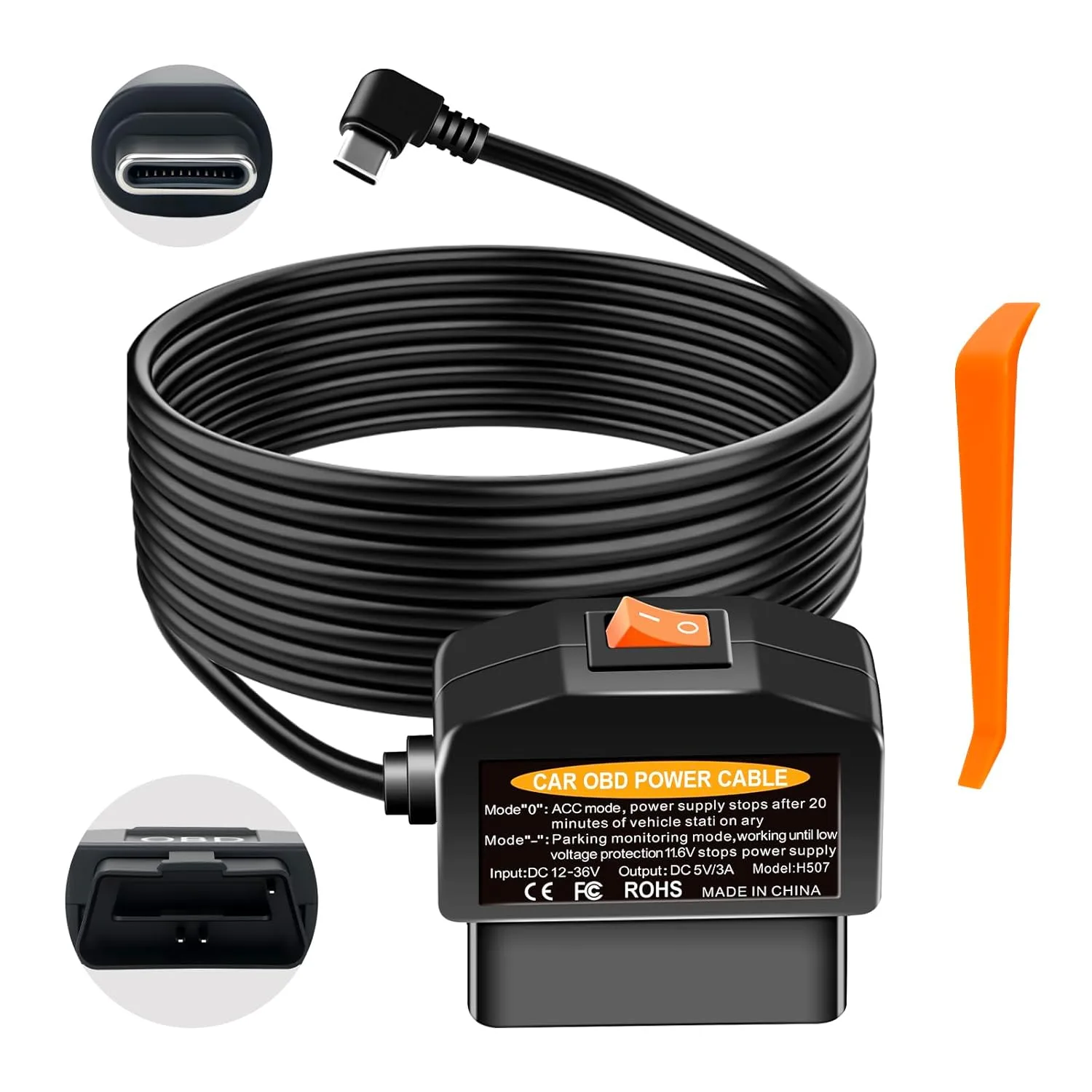 OBD2 USB-C power cable for dashcam with parking mode switch and low voltage protection