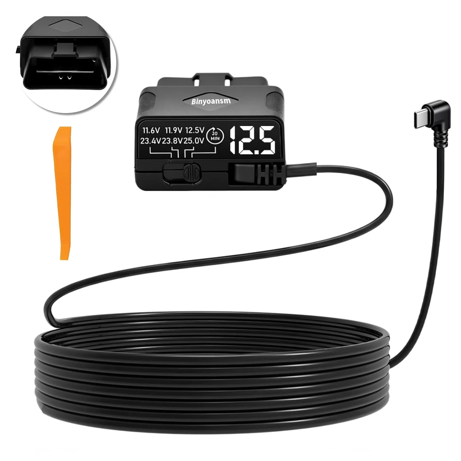 Binyoansm OBD2 USB-C dashcam power cable with LED voltage display and 4-level battery protection