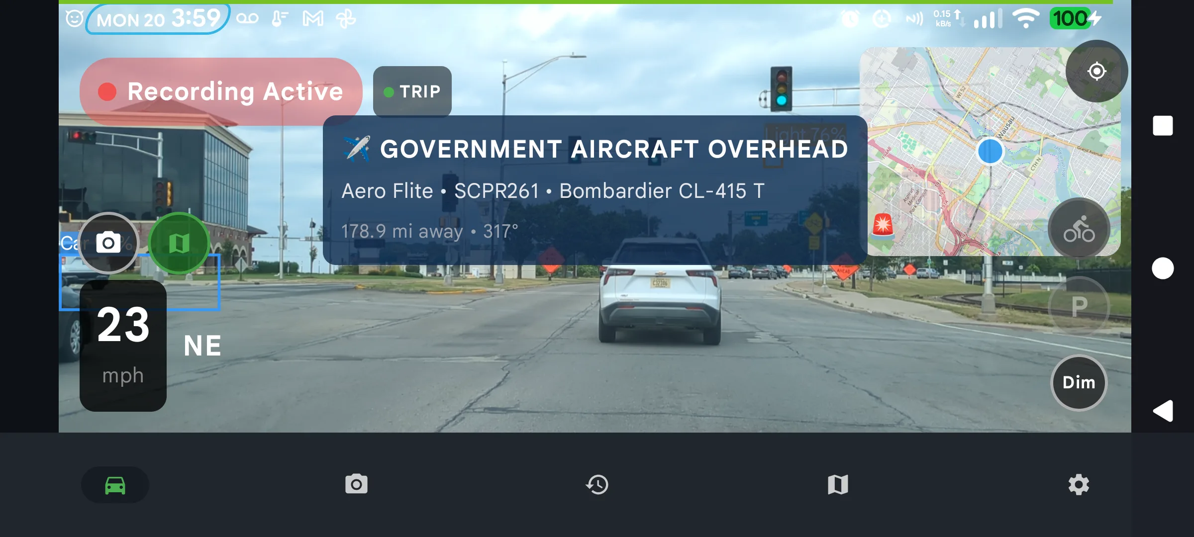 DriveSight aircraft alert showing Aero Flite Bombardier CL-415 firefighting tanker SCPR261 tracked by the app