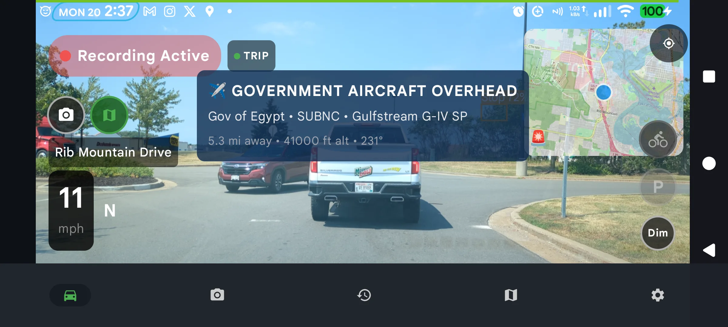 DriveSight government aircraft alert showing Government of Egypt Gulfstream G-IV SP at 41,000 ft passing 5.3 miles from the driver