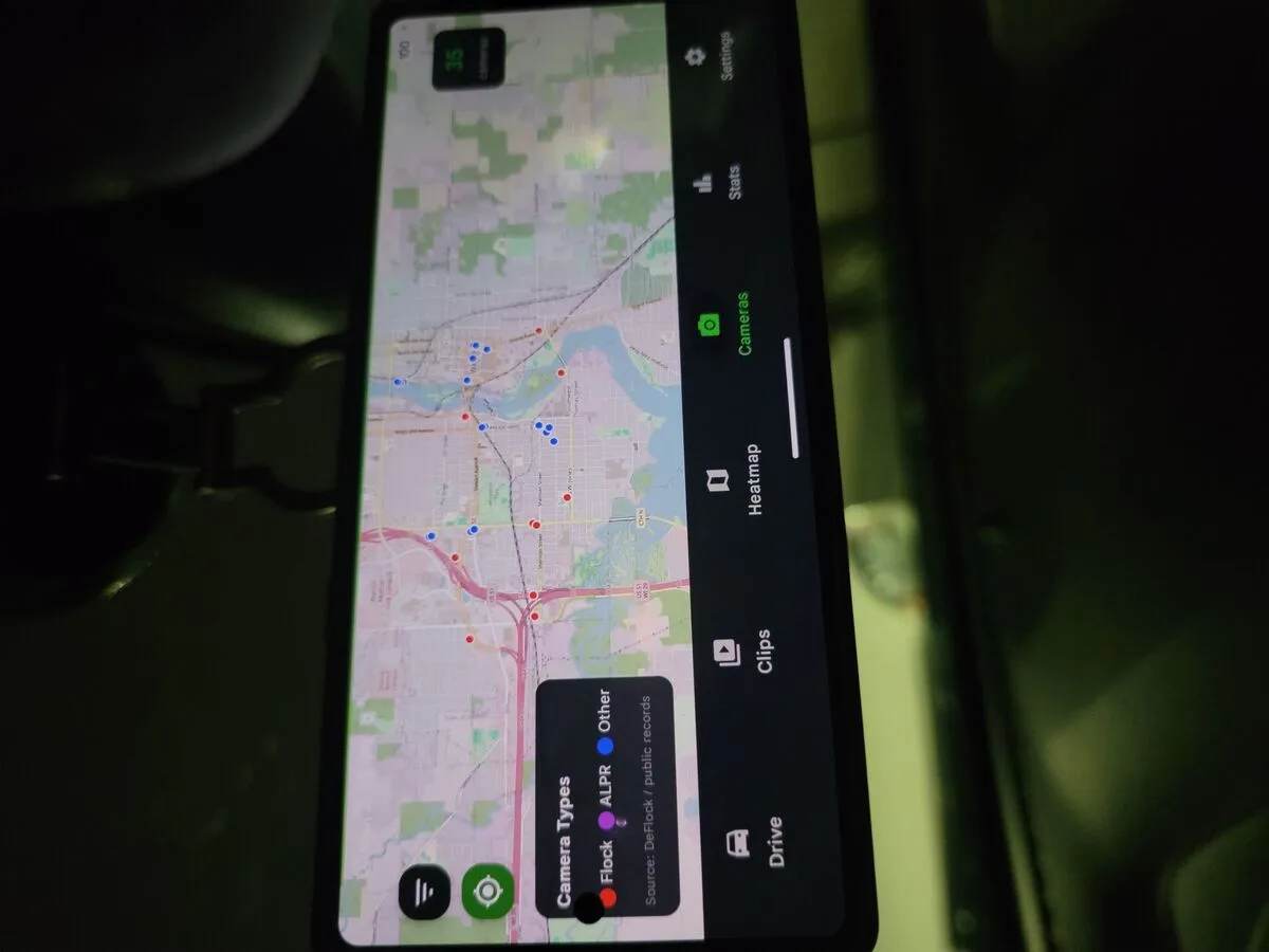 DriveSight camera map showing mapped speed cameras and plate readers across a city