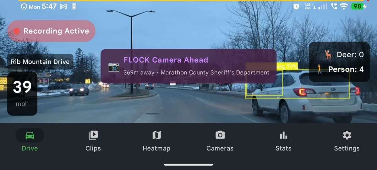 A real DriveSight camera alert on the drive screen, naming the camera and the distance ahead