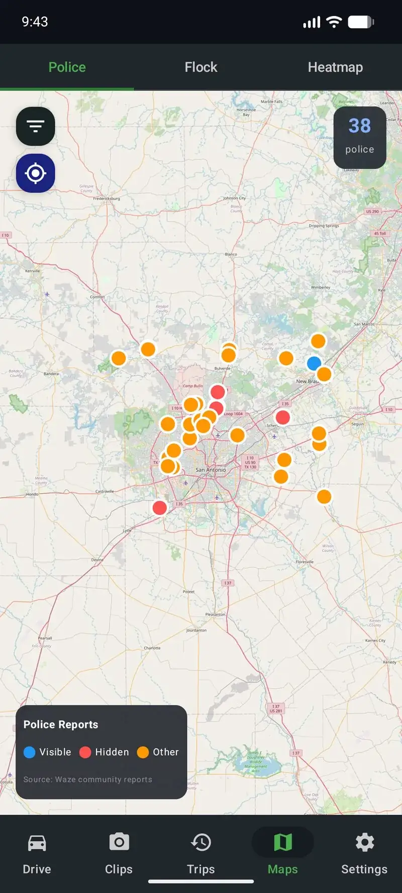 DriveSight map showing police speed trap reports and camera locations