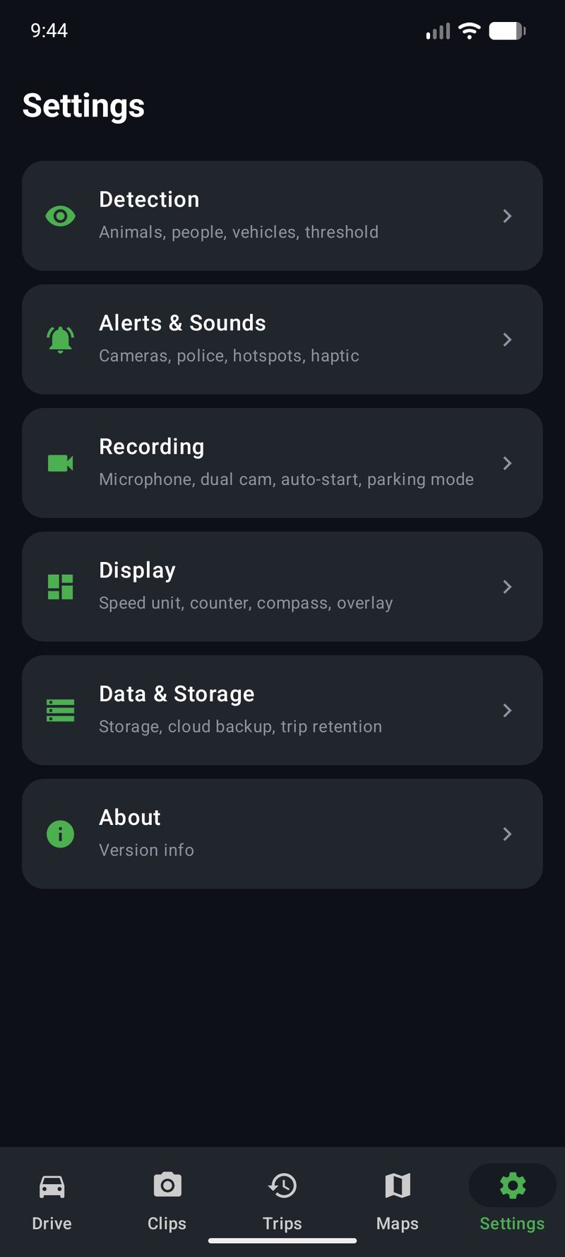 DriveSight settings menu showing all configuration options