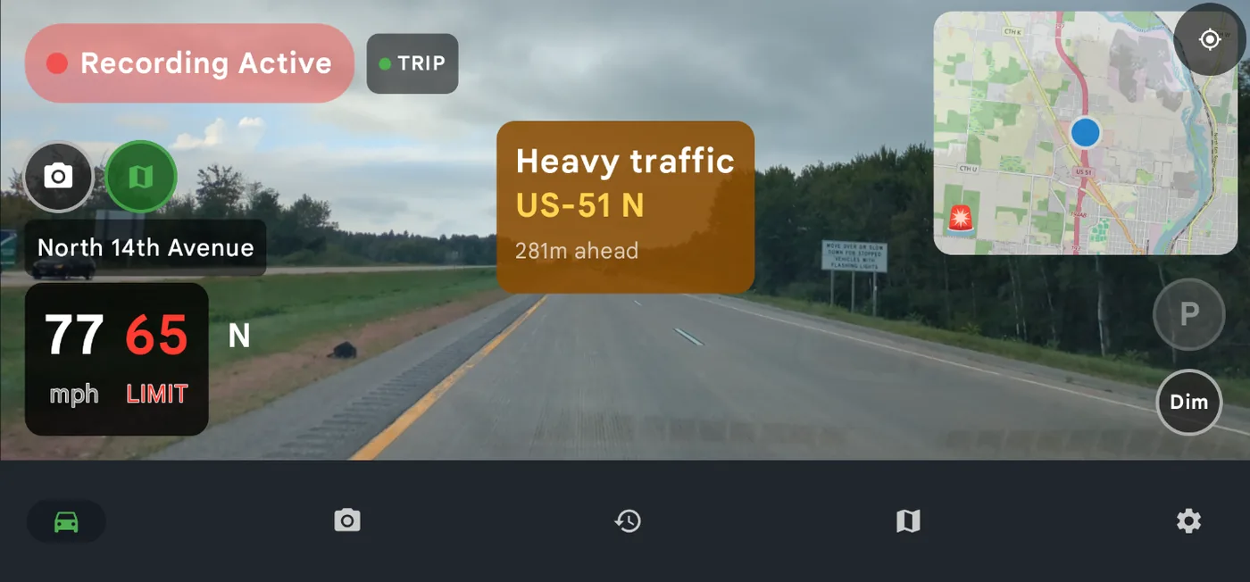 DriveSight drive screen showing a heavy traffic alert for US-51 North 281 metres ahead, with speed and speed limit