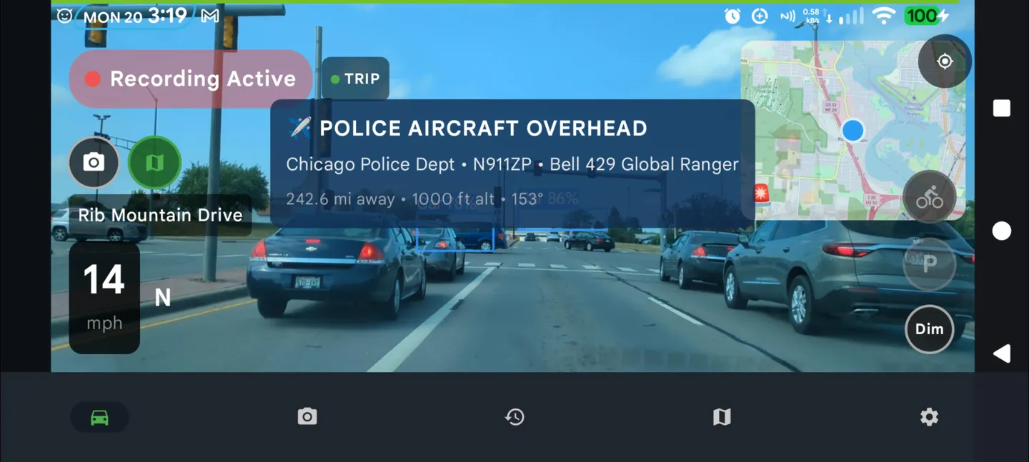 DriveSight drive screen showing a Police Aircraft Overhead alert: Chicago Police Dept Bell 429 helicopter at 1000 ft